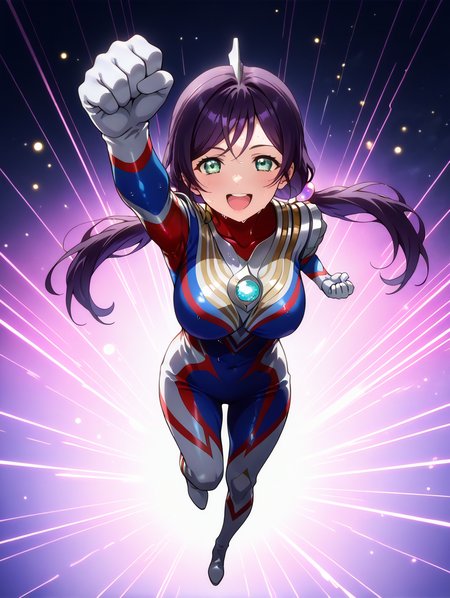 score_9, score_8_up, score_7_up, masterpiece, best quality, amazing quality, very aesthetic, absurdres, newest, WaiIL25PosC, WaiIL25PosD, , full body, from above, 
1girl, solo, very sweaty, laughing, looking at viewer, ultra rise, tokusatsu, hand up, clenched hands, knee up, , good_hands, , 
Nozomi Tojo, long hair, purple hair, green eyes, low twintails, large breasts, detailed hair, detailed facial features, , metal skin, colored skin, blue chest light, color timer, aliens, ultraman tiga, tokusatsu, boots, detailed body, detailed hands, 5fingers, , 
bright, violet theme, flash, special effects, light particles, light rays, perfect lights, high quality, <lora:spo_sdxl_10ep_4k-data_lora_webui:1>,<lora:ultra_rise:1>,<lora:pony_good_hands:0.9>,<lora:Nozomi_Tojo_r1:1>,<lora:Ultraman Tiga-PONY:1>,<lora:offset_0.2:0.3>
