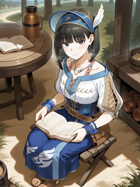Felicita, 1girl, looking at viewer,  holding book, closed mouth, solo blush, sitting, solo, open book, smile, blue headdress, blue necklace, blue cross-laced clothes, blue corset, blue wrist cuffs, brown belt, blue long skirt, brown toeless footwear, from above, table, outdoors, camp
masterpiece,best quality,amazing quality,very aesthetic,absurdres,newest,<lora:Felicita & Clerk Suit Armor illuXL v1:0.75>,