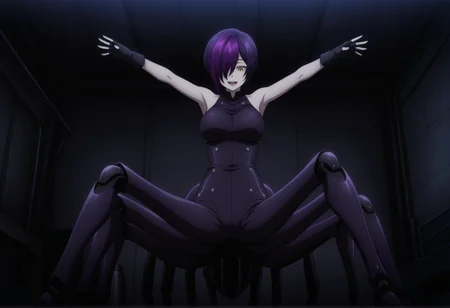 anime screencap, anime coloring, monster girl, arachne, spider girl, extra legs, 1girl, short hair, yellow eyes, multicolored hair, purple hair, hair over one eye, armored bodysuit, armor, looking down, sleeveless, fingerless gloves, arms up, hands up, looking down, smile, open mouth, indoors, garage, mechanical legs, mechanical spider, outstretched arms, <lora:Nihilo_ishura:0.8>, masterpiece, best quality, amazing quality, very aesthetic, absurdres, highres, newest