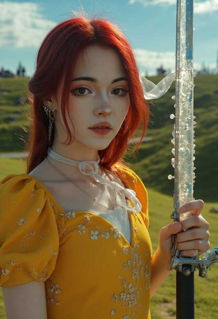 analog film photo (art by Zdzislaw Beksinski). baroque style. young woman KTNK. mechanical. giant cyberpunk sword. epic, glorification, backlit, god rays. The woman, with striking long, vibrant red hair, is dressed in a knee-length, yellow dress with a subtle white floral pattern. The dress has short, puffed sleeves and a V-neckline, fitting her slender physique. faded film, desaturated, 35mm photo, grainy, vignette, vintage, Kodachrome, Lomography, stained, highly detailed, found footage
