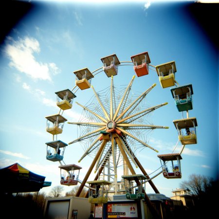 Shot with a Holga camera, a carnival ferris wheel against the sky