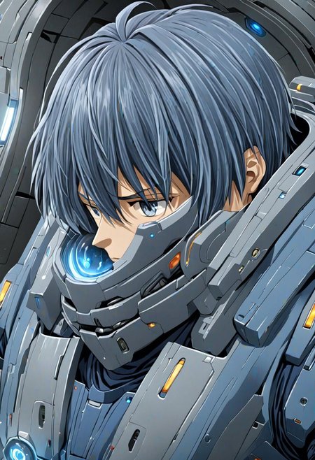 high resolution, solo, best quality, 1Boy, Tomoya Okazaki, Grey Blue Hair, Science Fiction, OverallDetail