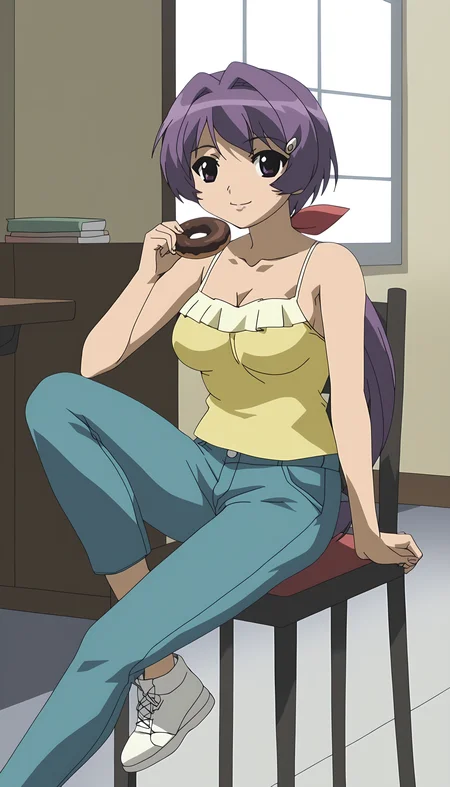 score_9, source_anime BREAK, oldest, anime screencap, indoors, living room, day,  chair,  sitting on chair<lora:Chiaki YoshiKawa(Pony):1>ChiakiYoshikawa, 1girl, solo, short hair, low ponytail, purple hair, hair ornament, hairclip, hair ribbon, frilled camisole, yellow frilled camisole, turquoise pants, path,   looking at viewer, pose, light smile, 
nsfw, breasts, medium breasts, (cleavage cutout),  open clothes, nipples, covered nipples,  white sneakers, holding food, doughnut, small doughnut,