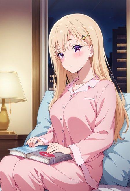 masterpiece,best quality, Super Detail, highest quality,amazing quality, ayase saki, 1girl, solo, long hair, purple eyes, blonde hair, pajamas, hair ornament, looking at viewer, night, long sleeves, book, sitting, pillow, blush, lamp