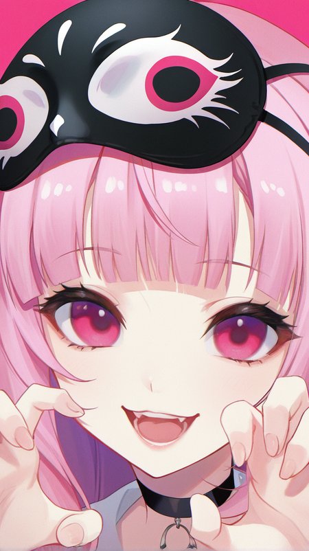 1girl, solo, long_hair, looking_at_viewer, smile, open_mouth, bangs, pink_hair, choker, virtual_youtuber, blunt_bangs, pink_eyes, mask, black_choker, portrait, mask_on_head, claw_pose, sleep_mask