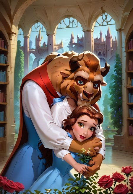 score_9, score_8_up, score_7_up, score_6_up, Belle, blue dress, white shirt, white long sleeves, long hair, ponytail, bow, 1girl, small breasts, stiff breasts, hourglass figure, lustful gaze, looking at the viewer, square neckline, background of large library, inside a castle, standing in the center of the castle library, hugging TheBeast, abandoned castle, castle covered in dust, face turned towards TheBeast, Thebeast dressed as a prince, holding flowers, holding a large dark red rose,