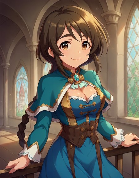 score_9,score_8_up,score_7_up,1girl,solo,cowboy shot,looking at viewer,smile,closed mouth,indoors,chapel,
<lora:aiharayukino_ponyXLV6:0.8>,cgayk,brown hair,long braid,thick eyebrows,brown eyes,
cyan capelet,long sleeves,blue dress,cleavage