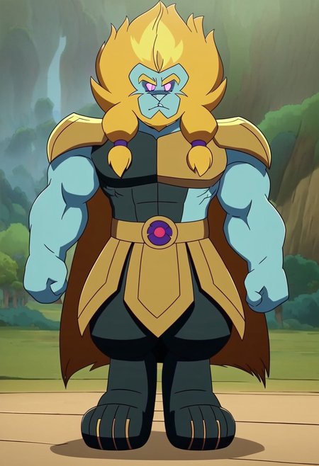 Azure lion ,solo,Lion furry,neutral expression,looking at the viewer,long hair,blue skin,muscular,braid,blonde hair,standing,front view,full figure,full body,full body shot,forest background with a clear sky.MASTERPIECE, PERFECT, EXCELLENT, GREAT MASTERPIECE score up9, precise and clear,magenta eyes with white pupils,
