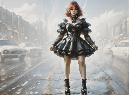 score_9, score_8_up, score_7_up, setting focus, character in foreground, establishing shot, woman, pale skin, large breasts, <lora:sm0k3XLP:1>, <lora:goth_clothes:1>, goth dress, gothic, black dress, detailed dress, black high heeled shoes, Shoulder length hair, unnatural haircolor, <lora:Our_Muted_Future_Style:1>, <lora:PsychedelicDream:1> psychedelicdream,