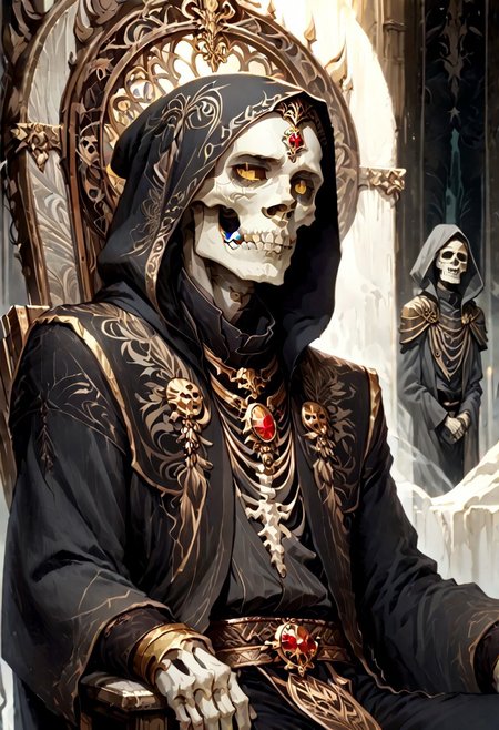 8k, score_9, score_8_up, score_7_up, Art Noveau, masterpiece, 1man (skeleton), (skull face), empty eye sockets, glowing yellow eyes, grey skin,
intricate black robe, intricate gold sash, black pants, black hood, gold trim, black capelet, high collar, pointy ears, long sleeves, long intricate gloves, emerald amulet. bracers,
sitting on throne, dark ruined palace, indoors,