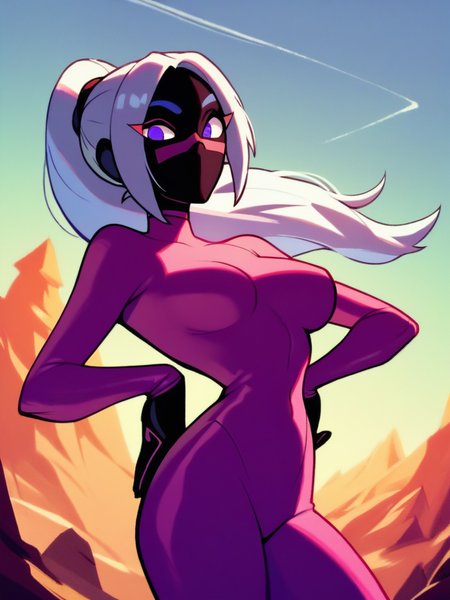 score_9, score_8_up, score_7_up,, 1girl, hands on hips, sexy pose, cowboy shot, (dynamic pose:1.1), dynamic angle, light smile, medium breasts, landscape, from side, one eye closed, closed mouth, looking at viewer,
<lora:QueenTyra_character:1>, QueenTyra, 1girl, colored skin, black skin, white hair, purple eyes, no mouth, pink bodysuit, ponytail, cartoon,