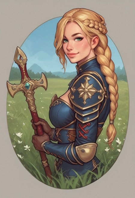 1girl, (((side view))), illustration, looking at viewer, highly detailed, from front,1girl, looking at viewer, highly detailed, skinny, looking at viewer, 1girl, masterpiece, best quality, full body portrait, 1girl, <lora:agrias-nvwls-v3:1> agrias, armor, corset, dark red dress, brown gloves, weapon, cross-laced boots, looking at viewer, sidelocks, braided ponytail, light green eyes, Romance, sci-fi, artificial intelligence, highly detailed
BREAK 
slight smile, looking at viewer, 
BREAK 
long hair, blonde hair, hair over one eye, big hair, 
BREAK 
best quality, depth of field, bokeh, (((full clothed)))  (best quality, high detail), ((masterpiece)), <lora:1_ino_20e:1>
BREAK 
((((((field, mill)))))) score_9, score_8_up, score_7_up, score_6_up, source_cartoon, rating_explicit, Expressiveh, (((((upper body))))), dynamic pose