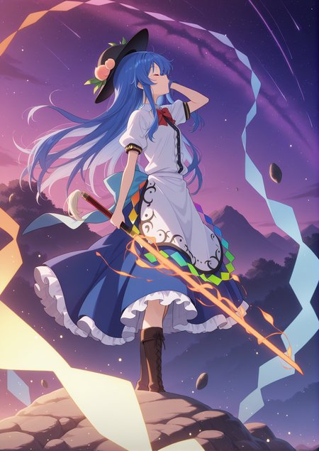 absurdres, highres, masterpiece, best quality, amazing quality, official anime artwork, screencap, anime screencap, outdoors, dynamic pose,
<lora:Tenshi-Hinanawi_Illustrious:1> hinanawi tenshi, 1girl, solo, red eyes, blue hair, long hair, hat, peach hat oranement, red bowtie, white shirt, short sleeves, apron, petticoat, blue skirt, holding, sword of hisou, kaname-ishi , 
light particles, sky, starry sky, star, floating hair, rocks,  closed eyes, looking up, adjusting hair, flying rocks,