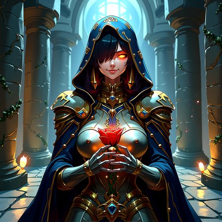 retro anime, 
A cybernetic mystic, her face split between robotic and human features, stands in an ancient, shadowed corridor. She smiles with a glowing red eye, her hooded cloak adorned with golden circuitry patterns. Her armor, a blend of metal and glowing runes, suggests a perfect fusion of magic and technology. The digital artwork is a masterpiece of extreme realism, with perfect illumination, high contrast, and intricate, textured details.


Small, glowing crystal formations growing out of the stone walls, adding a magical touch.
Faint, worn golden inlays tracing along the walls and floors, suggesting a once grand and opulent past.

A soft, ambient glow emanating from the walls or floor, giving the scene a mystical aura.
Reflected light from the floor or walls, creating subtle highlights and adding depth to the scene.
Dynamic, moving shadows created by the flickering light sources, adding life and tension to the setting.
Dust particles floating in the beams of light, adding texture and a sense of stillness.



he character holds a rose delicately, close to their chest

