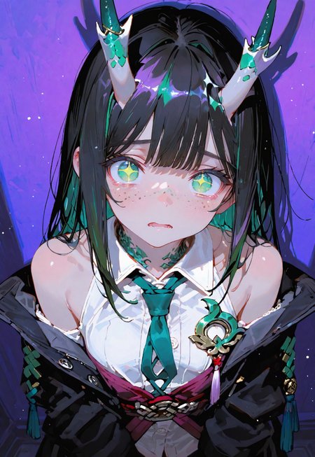 looking at viewer,above torso shot,scared

1 girl,petite,loose unruly messy hair,messy bangs,black hair,green accents hair,fair skin,dragon horns,green eyes, sparkling eyes,freckles

Large Black coat with green accent,coat hanging sleeves,white sleeveless buttoned shirt,green tie, exposed shoulder

Color background, bright purple background,shadow, light from front,glimmer, scales design, sparkling

Cunnystyle,748cmstyle,Smooth_Quality,dynamic pose, foreshortening, extreme perspective,masterpiece,best quality,amazing quality, aesthetic,bright colors,bold lines