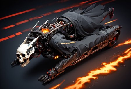 (score_9, score_8_up, score_7_up), zPDXL, solo, sharp teeth, 1man, glowing, robot, black background, machinery, science fiction, skull, no skin, no flesh,  r3dgl0w, red eyes, cable, all black attire, spine, torn biker cloths, full body, composed of fire elements, fire element, on fire, extreme heat, melting-metal, molten-metal, akiraposter, from above, from behind, walking, ground vehicle, motorcycle, red background,<lora:BioPunky:0.8>,
