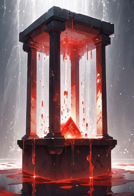 (masterpiece), best quality, Symphtia-Style, Anime, (Floating Cube, Dripping Liquid), White Background, No Humans, White and Red Theme, (Ancient Runes, Glowing Runes, Light Refraction), Above A Pillar, Symphtia-Style, Zyrnox-Exoterra Style