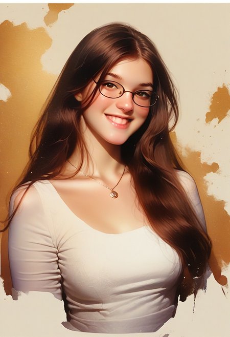 score_9, score_8_up, score_7_up, score_6_up, source_cartoon, 1girl, female, solo, femenine, petite, lean, pale skin, thick nerdy glasses, eyelids brown, brown eyes, soaking wet hair, long hair, brown hair, smile, diaphonous white dress, bronze necklace, medium breasts, female focus, official style, close up, perfect anatomy, perfect face, standing,  abstract beauty, beautiful, centered, looking at the camera, approaching perfection, dynamic, moonlight, highly detailed, watercolor painting, artstation, concept art, smooth, sharp focus, illustration, portrait