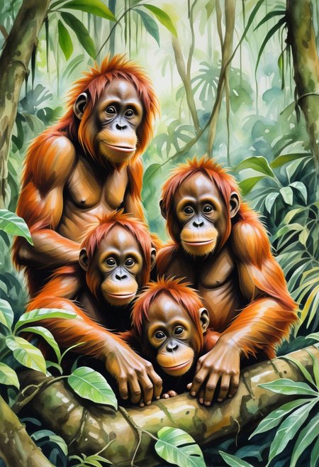 artrngtn, sumatran orangutan  youngsters playing in the jungle with mommma watching,  watercolor and marker in the style of graffiti