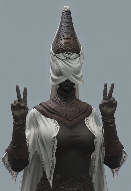 score_9, score_8_up, score_7_up, score_6_up, score_5_up, score_4_up, 1girl,  <lora:NoxSwordstress:0.85> solo, large breasts, colored skin, black skin, faceless, veil, helmet, armor, cape, cloak, gloves, boots, upper body, v sign, 
(light blue background:1.15), simple background,