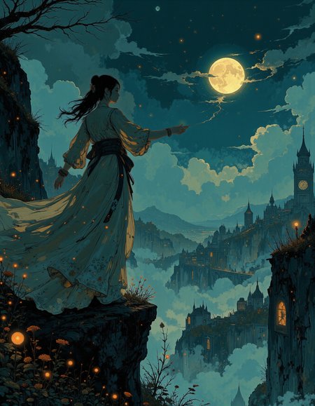 masterpiece, high quality, Oil Painting, An ethereal young teen girl stands confidently on the very edge of a cliff. Her silhouette is striking against the night sky, embodying grace and strength. She wears a flowing gown that billows gently in the wind, creating a sense of movement. She has long flowing hair red and pale white skin. The dress is tightly corseted, hooped, and bustled.
In her outstretched hand, she holds a radiant star. The star emits a soft, magical glow, illuminating her face and casting a warm light on her surroundings. The light from the star contrasts beautifully with the darker tones of the night.
The image conveys a sense of wonder and serenity. The woman's pose and expression might reflect a feeling of triumph, peace, or contemplation. The overall mood could be one of mysticism, as if she's captured a piece of the heavens.
She is beautiful and looks like a fashion model.
Focus on the girl, intriguing atmosphere, sharp magnificent details, delicate features, elaborate details, (2\3 rule composition:0.5), in the style of Rembrandt. <lora:style_of_Rembrandt_FLUX_135:.8> <lora:Blue_Future:0.9> <lora:Ethereal_Brush_Anime_v1.0:0.6> <lora:It's a LoRA for portraits, BUT! actually specialized in backgrounds. v1.0:0.15> <lora:Dark_and_sentimental:0.5>