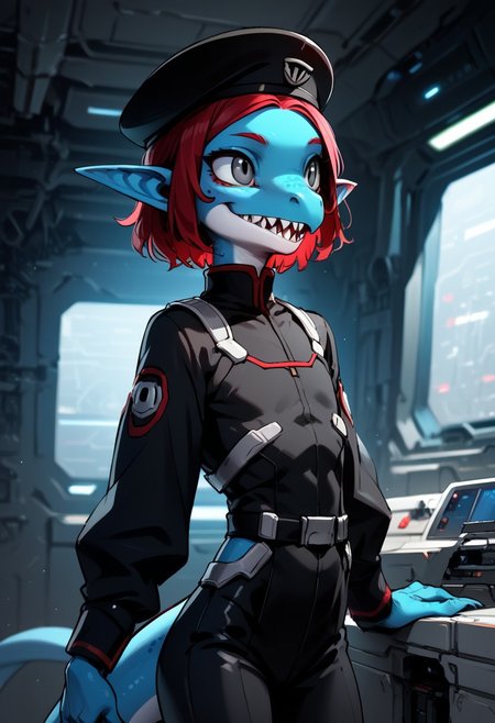Expressiveh, source: anthro, negative_hand, score_9, score_8_up, score_7_up, (anthro female lizard), 1girl, solo, lizard_female, gray eyes, small ears, pointy ears, long tail, two toned skin, blue skin, white facial skin, red hair, parted bangs, flat chest, black uniform, black beret, black pants, sharp teeth, grinning, futuristic background, bedroom, standing, standing at attention, 
close up, 3/4 view,