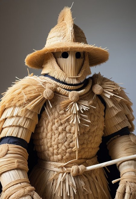 straw threads, a samurai with an straw thread samurai helmet and straw thread armour, set in a feudal Japan