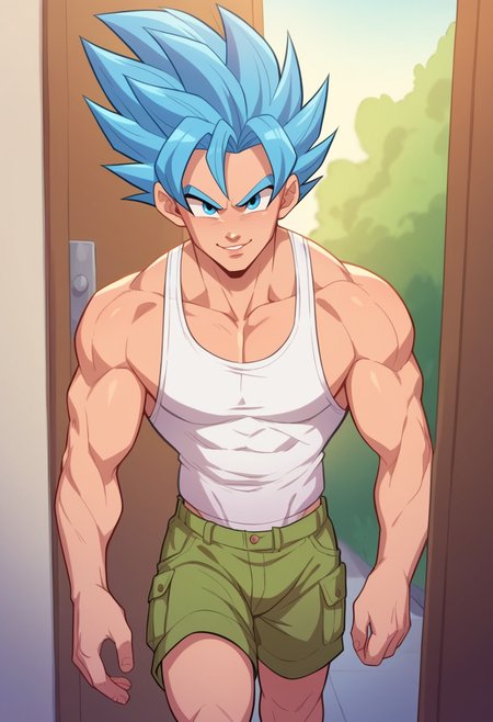 score_9, score_8_up, score_7_up,score_6_up BREAK ict style,nose lips,1boy, solo, male focus,walking, doorway, blue hair, spiked hair, super saiyan, blue eyes, white tank top, cargo shorts, v, light smile       <lora:BootyFarmPony:1>