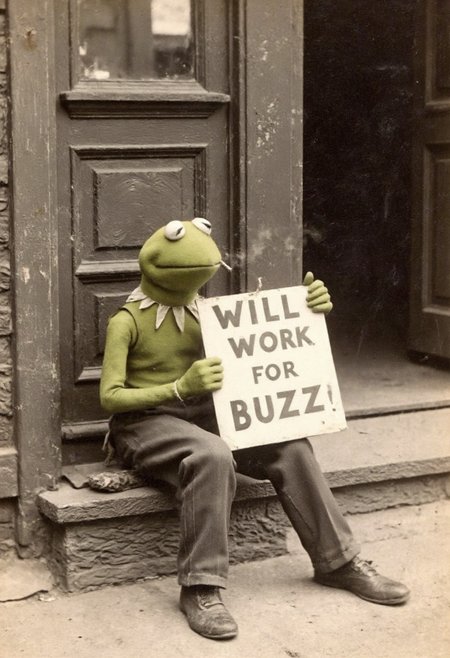 homeles and sad kermit the frog is sitting on a dirty sidewalk and holding a sign that says: "Will work for buzz" . He is smoking his last cigarete.  An aged worn sepia monochrome 1800s photograph
