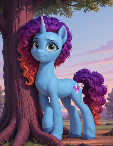 resolution, masterpiece, high resolution, (SOLO: 1.2) my little pony, friendship is magic, wild, detailed background,
,pony earth ponies, sits leaning back on tree,   Misty Brightdawn  , unicorn, pony, freckles, blue body, green eyes, curly hair rebirth look, gradient hair, purple and orange (hair,curly hair, curly hair slicked back:1.3)    <lora:Misty_Brightdawn323:0.7>