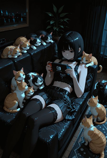 masterpiece, newest, absurdres, incredibly absurdres, best quality, amazing quality, very aesthetic, newest, no lineart, no outline, scenery,  (dark theme:1.3),  (chiaroscuro), 1girl, black hair, black eyes, bob cut, goth fashion, crop top, nail polish, bare shoulders, lace trim, pleated skirt, belt, midriff, thighhighs, zettai ryouiki, reclining, on couch, closed curtains, from above, playing games, holding nintendo switch, animal, tabby ginger cat, too many cats, solo, animal focus, (dark room:1.2), living room, decorative plants, warm light, usnr