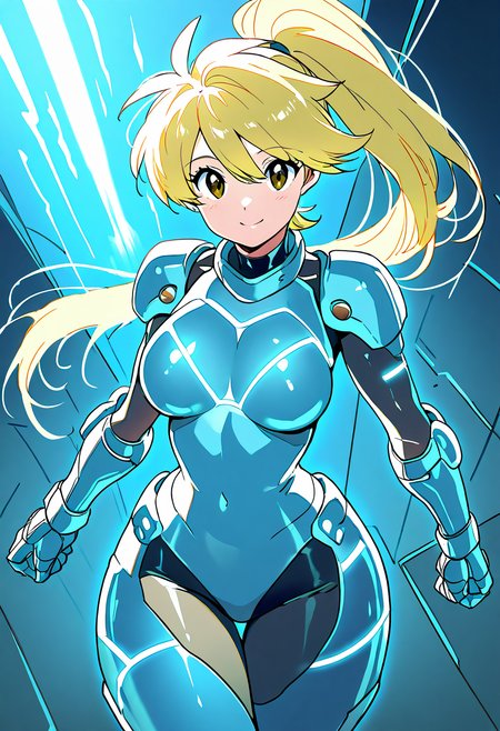 masterpiece, best quality, solo, curvy, beautiful eyes, narrow waist, wide hips, 1girl, solo, smile, looking at viewer, dynamic angle, foreshortening, close up,    zzYellow, brown eyes, blonde hair, long hair, ponytail, bangs,  , <lora:YellowPokemon_NAI:1.0>, [Cyber-Soldier], heavy-duty combat armor with glowing blue lines running through it, cybernetic implants visible on her arms, armored gloves with touch-sensitive sensors, reinforced boots with energy shields, standing in a dystopian warzone with a large mech unit behind her, glowing laser sights scanning the environment,