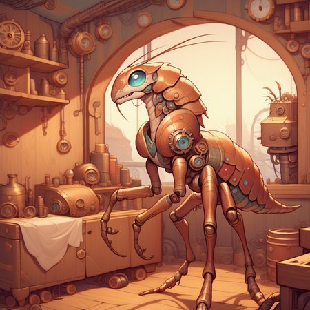 score_9, score_8_up, score_7_up, (steampunk mechanical robot insectosaur with (multi-legged:1.2) and (sharp blade forearms:1.3), [mantis]), inside steampunk workshop, night, moonlight <lora:AsuraLycoXL:1> <lora:Steampunk_Pony:1>  <lora:Flashfires_Insectosaur:0.7>