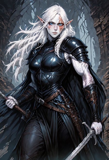 masterpiece, best quality, newest, absurdres, highres, DPWSV1.0, dynamic pose, holding sword, holding, holding weapon, weapon, sword,
1girl, MIRV1.0, pale, white skin, blue eyes, colored skin, toned, muscular, toned female, white hair, elf, pointy ears, scar, scar on face,
armor, cape, shoulder armor, black leather,
