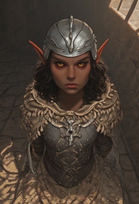 solo, short pointy ears, piercings, random elf face, aquiline features, female dark elf, weathered skin, large nose, insect chitin armor, insect chitin helmet, insect chitin ornaments, stylized insect pattern, athletic build,  animated realism, zoomed out, Syrian features, torso, brass pipes and gears, intricate architecture, dwarven masonry, dwemer fixtures, white-green light, gloomy lighting, ancient ruins, interior, stone tiled floor, grey-blue skin, mahogany and ivory clothes, medium armor, bone plate armor, ivory straps and fittings, alien bone ornaments, grey wood neckguard, deep red sclera, black pupils, blue-green light, neon, highly detailed, defined features, looking at viewer, three quarters view, from above, dynamic lighting, 22 years old, light and shadows, patterned cloth, annoyed expression, expressive eyes, detailed medieval clothes, medium_breasts, medium hair, wavy hair, thick hair, beaded hair, braided hair, under cut hair, semirealistic, alien elf, spanish features, jewish features, light grey hair, dark red hair, sharp features, pastel green inuit print cloak, nighttime, high detail, absurdres, pretty eyes, detailed eyes, yellow eyes,