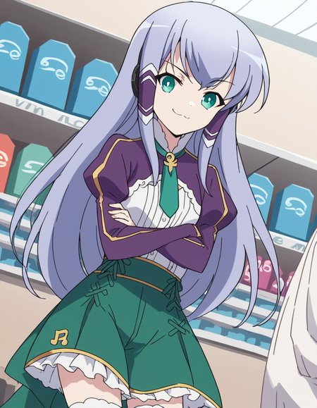 score_9, score_8_up, score_7_up, source_anime, <lora:elze-silhoueska-s2-ponyxl-lora-nochekaiser:1>, elze silhoueska, long hair, blue eyes, green eyes, blue hair, aqua eyes, hair tubes,, skirt, thighhighs, white thighhighs, puffy sleeves, white shirt, necktie, green necktie, purple sleeves, green skirt, frilled skirt, music store, browsing records, headphones, vinyl collection, nostalgic, , crossed arms, smug, looking at viewer, solo,, dutch angle, cowboy shot