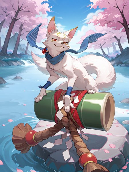 masterpiece, best quality, amazing quality,feral,
k@nk0,fox boy,1boy,solo,male focus,red eyes,gold facial mark,blue scarf,wrist bandages,smug,(bamboo rocket,shimenawa,shide,brown rope),smile,looking at viewer,river, cherry blossoms, 
<lora:Kanko_IL:1>