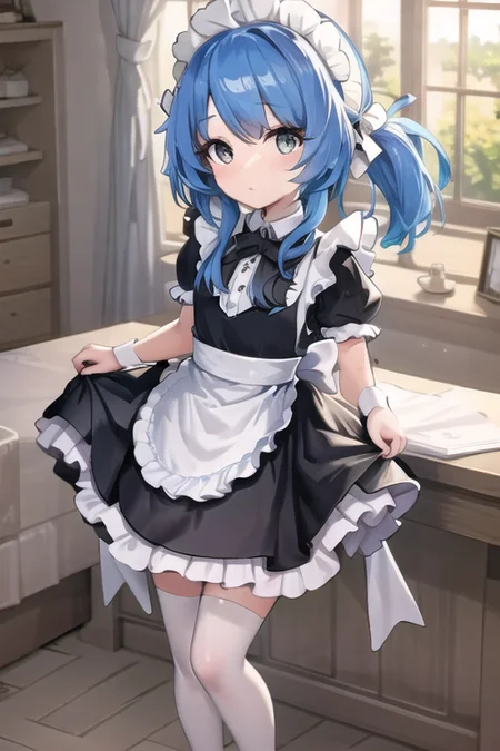 1girl,  petite legs,royal blue hair, standing, from above, looking in cam,maid <lora:GGAS_Maid_Dress:0.7>
