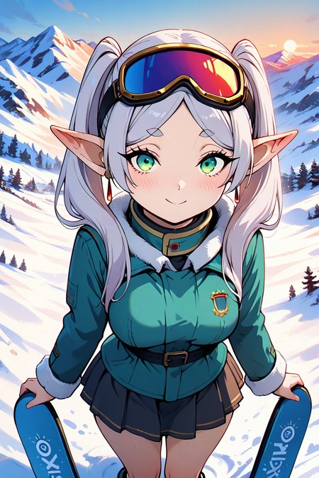 masterpiece, best quality, 32k, high resolution, absurdres, medium breasts, (curvy), cute, eyelashes, vivid colors, BREAK  ,,, <lora:FrierenIXL:0.8>, zzFrieren, long hair, twintails, green eyes, grey hair, pointy ears, elf,  ,,,,,, tiny woman, small woman , petite, short body, skinny, cute girl, pretty girl, innocent girl, snowbunnies,  ski resort mountaintop,  instagram model, fur trim, jacket,  next to snowboard, ski goggles on head, detailed face, perfect makeup, long eyelashes, skirt, fit body, smile, shy, looking at viewer, high angle, <lora:SmoothAnimeIXL:0.8>, <lora:princess_xl_v2:0.3>, <lora:snowbunnies:0.8>,