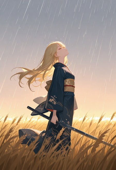 masterpiece, best quality, good quality, newest, highres, absurdres, volumetric lighting,gradient color,
1girl,long hair, blonde hair,walking, standing in a wheat field,eyes closed,a sad look, pressed lips mouth, hands holding a steel sword, dark weather, raining,  wind, kimono, side view, looking up at sky, long shot, sad, mournful atmosphere