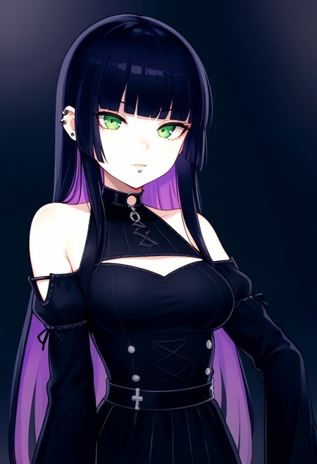 character portrait, 1girl, ear piercing, lip piercing, chin piercing, colored inner hair, black hair, purple hair, hime cut, blunt ends, medium bangs, green eyes, long dress, black dress, shoulder cutout, sleeves past fingers, black choker, bare shoulders, black sleeves, choker, clothing cutout, detached sleeves, dress, gothic, shoulder cutout, sleeves past wrists, very long sleeves,