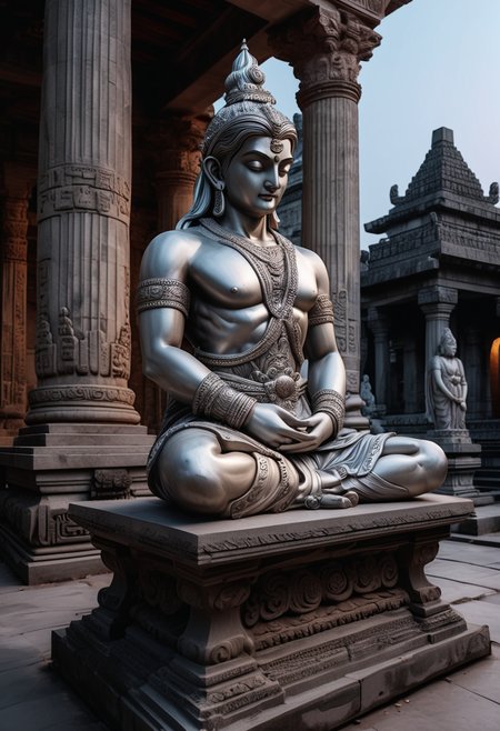 (medium full shot) of (grand silver statue) with crossed arms,  ,  book, located in  an ancient temple, adorned with intricate carvings, towering pillars, serene courtyards, sacred altars, elegant stone benches, during twilight, ,Masterpiece,best quality, raw photo, realistic, very aesthetic