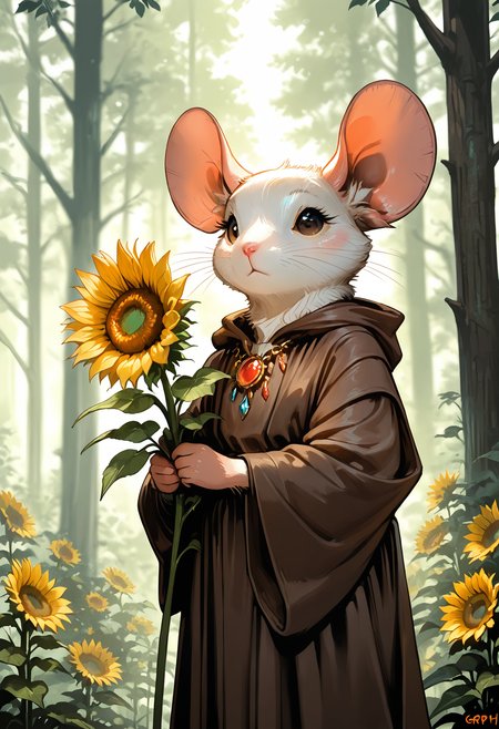 masterpiece, best quality, good quality, very awa, very aesthetic, absurdres, newest, solo, holding, closed_mouth, jewelry, brown_eyes, standing, flower, outdoors, day, necklace, tree, no_humans, blurry_background, depth_of_field, animal, gem, nature, cloak, forest, robe, sunflower, animal_focus, white_fur, mouse, whiskers, orange_flower, oversized_animal, clothed_animal, ink drawing, opill, gr4ph1t3,