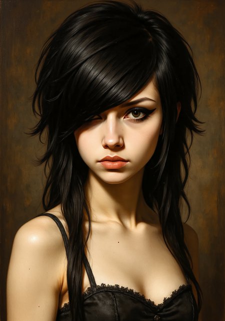 renaissance oil painting of a young woman in a victorian sleeveless dress She has a distinctive 2000s scene/emo haircut: thick, sharply angled bangs that sweep across one eye, with long layered strands and long sidelocks that drape in front of her shoulders. Her intense eyes are framed by bold black winged eyeliner.<lora:cheats.safetensors:0.8:0.8> <lora:2000s_Scene_Emo_Hair.safetensors:1:1>