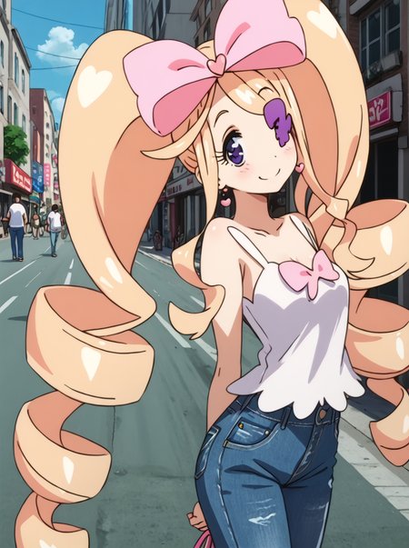 detailed background, shiny skin, posing, 
<lora:harime.pony:1>,
harime,
casual fashion, 
white shirts, jeans, 
arms behind back, 
street, buildings, 
looking at viewer, heavy blush, seductive smile