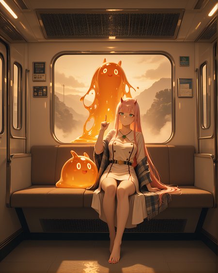 newest, absolutely eye-catching, hand cannon pistol, knotwork_embroidery, full body, barefoot, motion_lines:1.1, anime character, 2boys, ultra-detailed, medium breasts, Chromatic Aberration, landscape blurring past., plaid_shawl, fox_girl, motion_blur:1.1, very long hair, 1girl, in the style of ck-sfc, slime_(creature), nail_polish, siren, absurdres, very aesthetic, thinking strategically), slime_(creature), Calculating expression (Scheming, celtic_dress, long_nails, Futuristic maglev train interior, brooch, evening, feet active and toes pointing up, ambient occlusion, depth of field, Neon Brown Theme, Zero Two, amazing quality, Indigo hair, Staff pose - Sitting upright with legs extended, ephemeral, light skin, 8K, ornate engraving, best quality, fog, HDR, masterpiece, very long hair