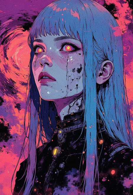 Close-up of an ethereal, pale-skinned young woman with long, straight, ice-blue hair and bangs covering her forehead. Her eyes are glowing magenta with dark, thin tears streaming down her cheeks, creating a ghostly, unsettling effect. She wears a high-neck, intricate, gothic-style black garment adorned with subtle chains, giving her a mysterious, dark allure. Background of swirling neon colors, shifting between magenta, electric blue, and deep violet, forming abstract spirals and waves that fade toward the edges. Subtle glowing symbols float among the colors, adding a hint of mysticism. Soft mist rises from the bottom, creating a dreamlike atmosphere.   <lora:CPA:0.83> <lora:Luminous_Shadowscape-000016:0.63> <lora:RetroAnimeFluxV1:0.53> <lora:FLUX-daubrez-DB4RZ:0.33> DB4RZ, DB4RZ style painting,