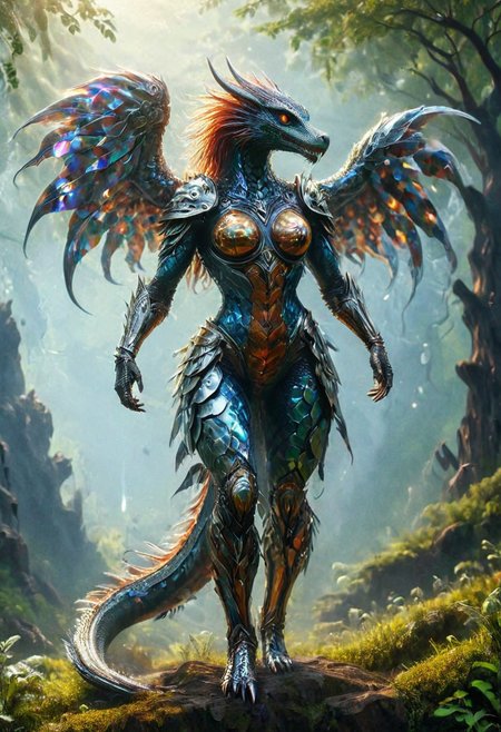 A breathtaking humanoid dragon warrior stands in a striking, battle-ready pose, her form covered in overlapping, iridescent CD-like scales that shimmer in silver, gold, and prismatic hues, reflecting light in mesmerizing patterns. Each scale is intricately layered, creating a mottled, armor-like texture reminiscent of a mythical creature fused with futuristic elements. Her fierce, piercing gaze and powerful stance exude confidence and dominance, embodying the essence of an unstoppable warrior.
The fantasy RPG-inspired setting places her in a lush, enchanted world—ancient, gnarled trees with glowing vines frame the scene while mist swirls around her feet, adding to the mystical atmosphere. The lighting is dramatic and cinematic, with strong highlights emphasizing the reflective quality of her CD armor, making it gleam like a warrior forged from light and sound. The ultra-realistic textures bring out the fine details—the faint scratches on the disks, the subtle prismatic refractions, the sharpness of her talon-like claws.
The overall composition is bold, vivid, and immersive, evoking a sense of wonder and power, capturing the spirit of an untamed yet elegant warrior who stands at the crossroads of technology and mythology.
