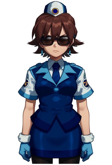 1girl,solo,gloves,sunglasses,brown hair,hat,uniform,skirt,earrings,short hair,blue necktie,portrait,serious,standing,sun glasses,eyes covered,white background