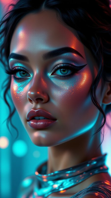 A close-up of a supermodel with dramatic, metallic makeup that reflects shades of silver, copper, and gold. Her eyes are adorned with geometric eyeliner in bold, metallic hues, and her lips shimmer with a chrome finish. The background is softly blurred with futuristic neon lighting, giving her an ethereal, almost otherworldly appearance. Her expression is intense, adding to the sci-fi, avant-garde vibe,<lora:BetterPortraits:0.7>, jedjv1,  <lora:JedJourney_epoch_7:0.3>